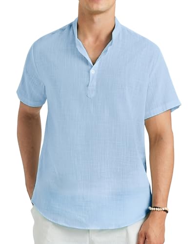 Enlision Herren Leinenhemd Himmelblau Sommerhemd Hemd Kurzarm Freizeithemden Baumwolle Hemden für Männer Ohne Kragen Henley Shirt Regular Fit L von Enlision