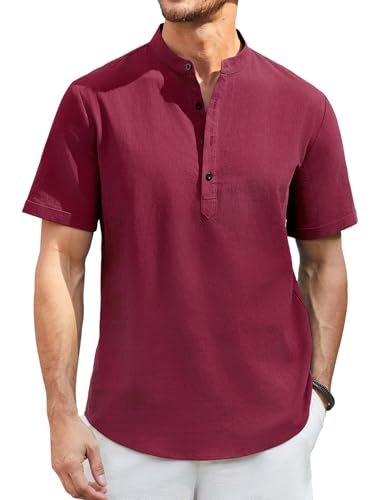 Enlision Sommerhemden Herren Kurzarm Burgund Leinenhemd Herren Ohne Kragen Hemd Freizeithemden für Männer Strandhemd Henley Shirt Regular Fit 4XL von Enlision
