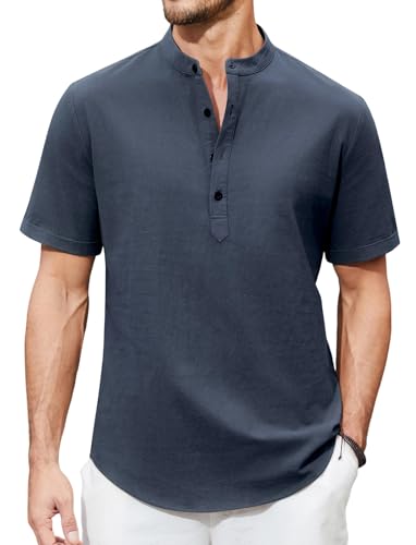 Enlision Dunkel Grau Leinenhemd Herren Hemd Kurzarm Sommerhemd Freizeithemd Strandhemd Ohne Kragen Hemd Herren Henley Shirt Regular Fit M von Enlision