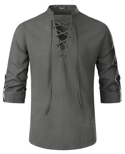Enlision Herren Leinenhemd Langarm Herren Schottisches Jakobitenhemd Ghillie Kilthemd Freizeithemd mit Schnürung Freizeithemd Sommerhemd Grau M von Enlision