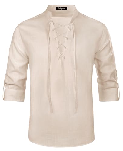Enlision Herren Mittelalterhemd langärmelig V Ausschnitt Renaissance Hemden Herren Sommer Leinenhemd viktorianisches Wikingerkostüm Khaki 2XL von Enlision