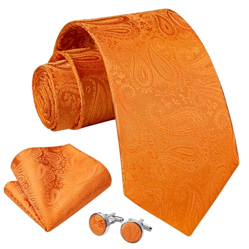 Enlision Herren Orange Krawatten mit Taschentuch Einfarbig Paisley Krawatte Einstecktuch Manschettenknöpfe Set Seide Formelle Krawatte für Hochzeit von Enlision