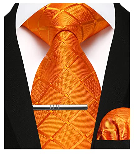 Enlision Herren Krawatten und Einstecktuch krawattenklammer Set Orange Karierte Krawatte Taschentuch Krawattennadel Für Männer Business Hochzeit,Orange,Einheitsgröße von Enlision