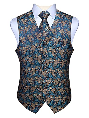 Enlision Herren Paisley Blumenhochzeit Jacquard Weste & Krawatte und Pocket Square Weste Anzug Set Aqua & Brown von Enlision