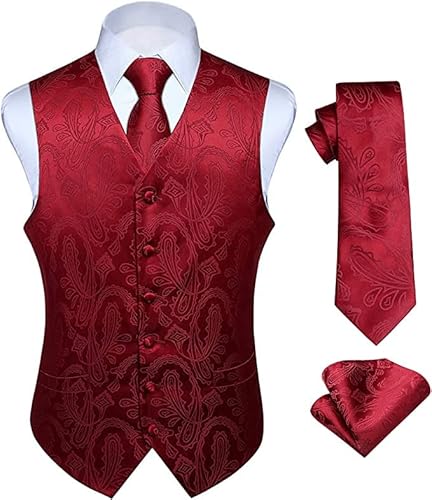 Enlision Herren Paisley Blumenhochzeit Jacquard Weste & Krawatte und Pocket Square Weste Anzug Set Burgund Enlision Herren Paisley Blumenhochzeit Jacquard Weste & Krawatte und Pocket Square Weste Anzug Set Burgund von Enlision