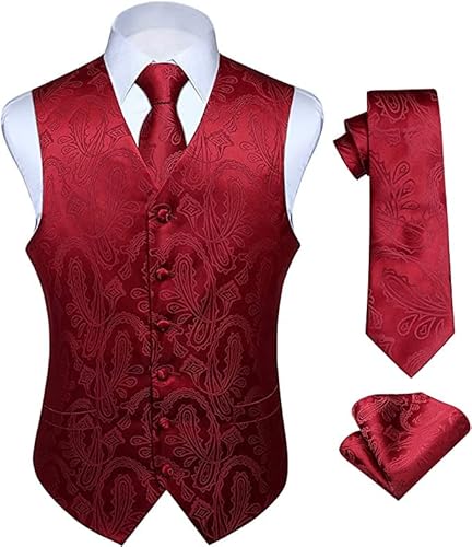 Enlision Herren Paisley Blumenhochzeit Jacquard Weste & Krawatte und Pocket Square Weste Anzug Set Burgund von Enlision