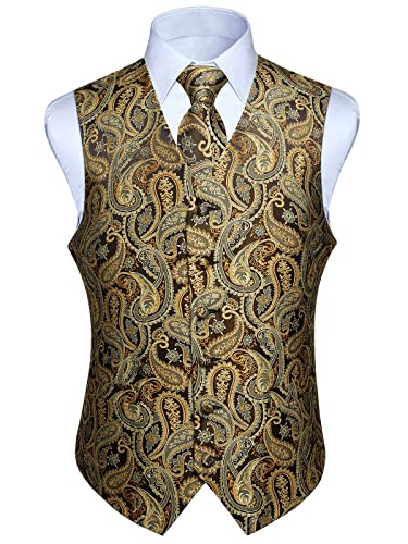 Enlision Herren Paisley Blumenhochzeit Jacquard Weste & Krawatte und Pocket Square Weste Anzug Set Gold von Enlision