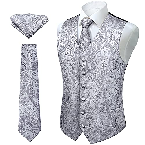 Enlision Herren Paisley Blumenhochzeit Jacquard Weste & Krawatte und Pocket Square Weste Anzug Set Grau von Enlision