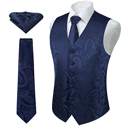 Enlision Herren Paisley Blumenhochzeit Jacquard Weste & Krawatte und Pocket Square Weste Anzug Set Marineblau von Enlision
