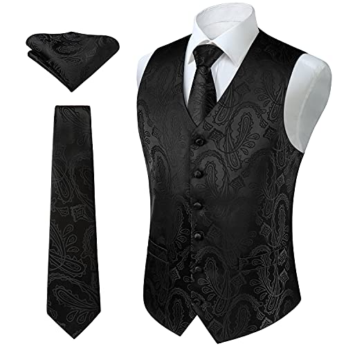 Enlision Herren Paisley Floral Hochzeitsfeier Jacquard Weste & Krawatte und Pocket Square Weste Anzug Set Schwarz von Enlision