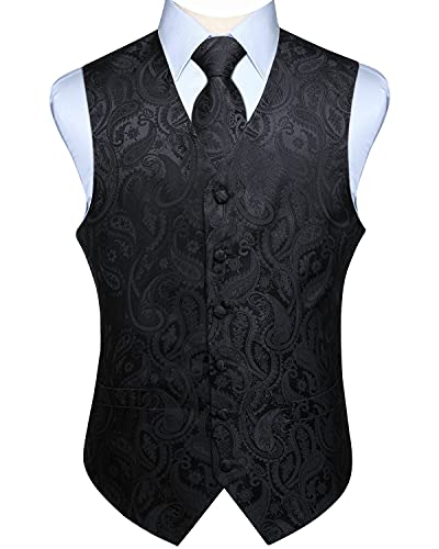 Enlision Herren Paisley Floral Hochzeitsfeier Jacquard Weste & Krawatte und Pocket Square Weste Anzug Set Schwarz von Enlision