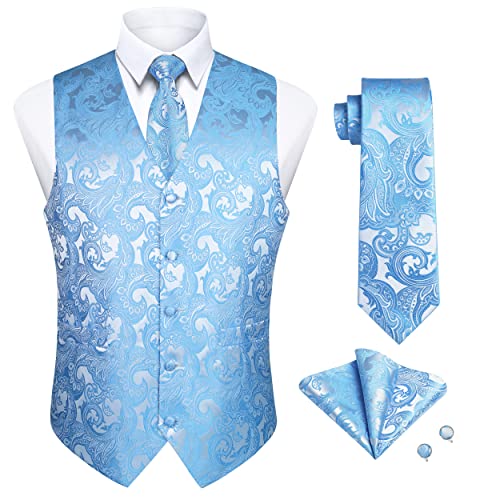 Enlision Herren Paisley Weste Floral Jacquard Krawatte Einstecktuch Einstecktuch Manschettenknöpfe Hochzeit Party Business Fit Weste Anzug Set Blau Weste S von Enlision