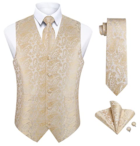 Enlision Herren Paisley Weste Floral Jacquard Krawatte Einstecktuch Einstecktuch Manschettenknöpfe Hochzeit Party Business Fit Weste Anzug Set Champagner Gold Weste 2XL von Enlision