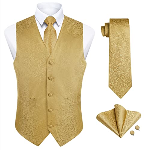 Enlision Herren Paisley Weste Floral Jacquard Krawatte Einstecktuch Einstecktuch Manschettenknöpfe Hochzeit Party Business Fit Weste Anzug Set Gold Weste 2XL von Enlision