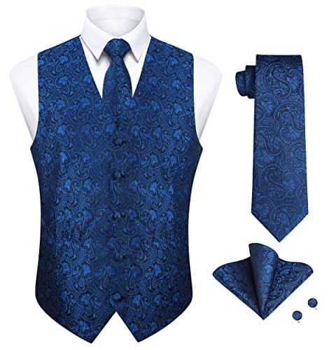 Enlision Herren Paisley Weste Floral Jacquard Krawatte Einstecktuch Einstecktuch Manschettenknöpfe Hochzeit Party Business Fit Weste Anzug Set Marineblau Weste 2XL von Enlision