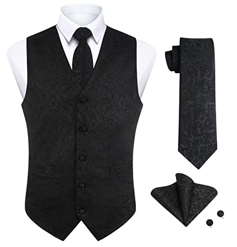 Enlision Herren Paisley Weste Floral Jacquard Krawatte Einstecktuch Einstecktuch Manschettenknöpfe Hochzeit Party Business Fit Weste Anzug Set Schwarze Weste 2XL von Enlision