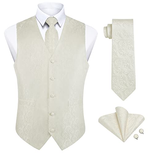 Enlision Herren Paisley Weste Floral Jacquard Krawatte Einstecktuch Einstecktuch Manschettenknöpfe Hochzeit Party Business Fit Weste Anzug Set Weiße Weste S von Enlision