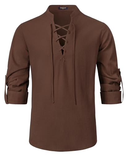 Enlision Herren Piratenhemd Leinen Schnürhemd Mittelalter Retro Hemd für Cosplay Wikinger Hippie Passend Braun XL von Enlision