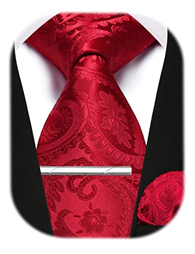 Enlision Herren Krawatten und Einstecktuch krawattenklammer Set Rot Paisley Krawatte Taschentuch Krawattennadel Für Männer Business Hochzeit,Rot,Einheitsgröße von Enlision