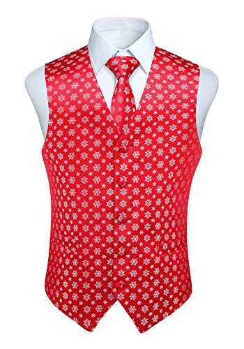 Enlision Herren Weihnachtsschneeflocken Weste Festlich Happy Red Weste Krawatte Pocket Square Taschentuch Weste Anzug Set XS-4XL Rot von Enlision