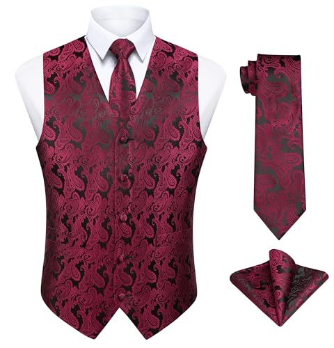 Enlision Herren Weste Bordeaux Paisley Floral Jacquard Weste mit Krawatte und Einstecktuch Taschentuch Weste Anzug Set Hochzeit,M von Enlision