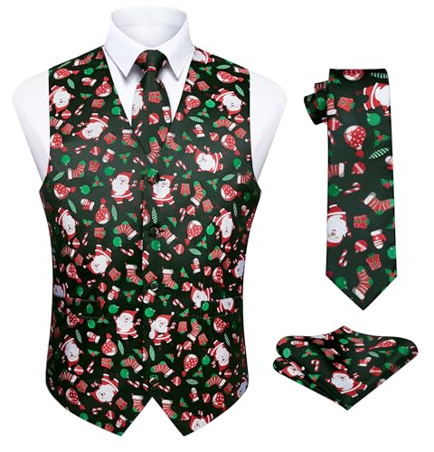 Enlision Herren Weste Funky Weihnachten Christmas Weste Krawatte Taschentuch Weihnachtsweste Set Schwarz 3XL von Enlision