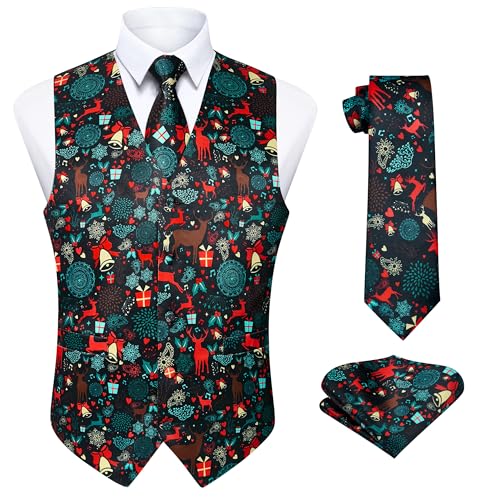 Enlision Herren Weste Funky Weihnachten Christmas Weste Krawatte Taschentuch Weihnachtsweste Set Schwarz 4XL von Enlision