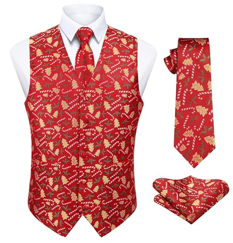 Enlision Herren Weste Funky Weihnachten Christmas Weste Krawatte Taschentuch Weihnachtsweste Set Rot XXL von Enlision