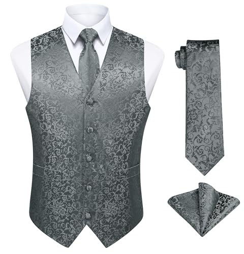 Enlision Herren Weste Grau Paisley Floral Jacquard Weste mit Krawatte und Einstecktuch Taschentuch Weste Anzug Set Hochzeit,M von Enlision