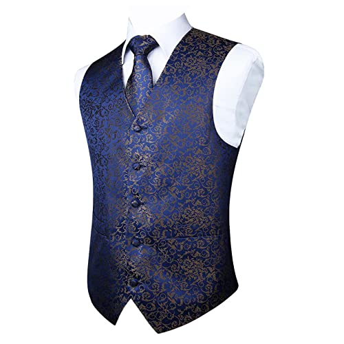 Enlision Anzugweste Navy blau Herren Hochzeit Paisley Westen & Krawatte Einstecktuch Party Floral Jacquard Anzug Weste Set XXL von Enlision