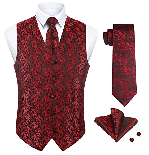 Enlision Herren Weste Paisley Floral Jacquard Krawatte Einstecktuch Einstecktuch Manschettenknöpfe Weste Anzug Set mit Taschen für Hochzeit Business Party Burgund Weste 4PCS Set 4XL von Enlision