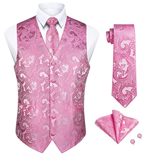 Enlision Herren Weste Paisley Floral Jacquard Krawatte Einstecktuch Einstecktuch Manschettenknöpfe Weste Anzug Set mit Taschen für Hochzeit Business Party Rosa Weste 4PCS Set 4XL von Enlision