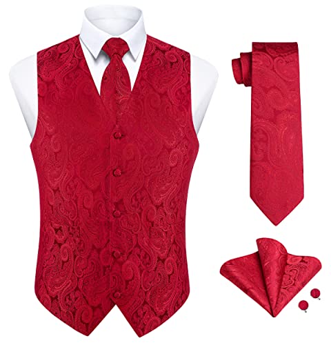 Enlision Herren Weste Paisley Floral Jacquard Krawatte Einstecktuch Einstecktuch Manschettenknöpfe Weste Anzug Set mit Taschen für Hochzeit Business Party Rote Weste 4PCS Set 4XL von Enlision