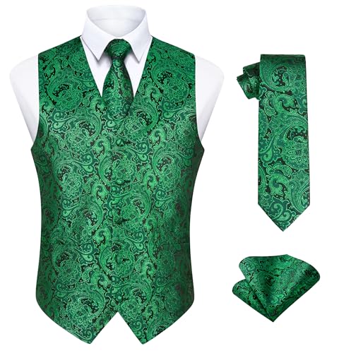 Enlision Herren Weste Paisley Muster Blumenmuster Krawatte Einstecktuch für Herren Hochzeit Party Weste Anzug-Set Grün 2XL von Enlision
