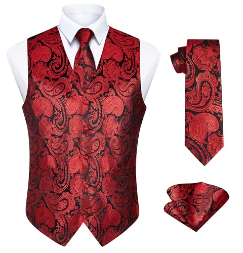 Enlision Herren Weste Paisley Muster Blumenmuster Krawatte Einstecktuch für Herren Hochzeit Party Weste Anzug-Set Rot 2XL von Enlision