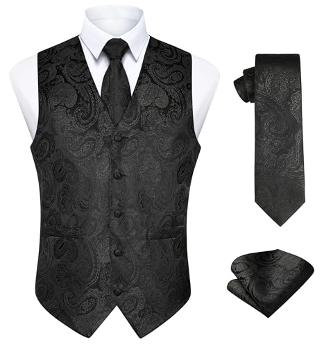 Enlision Herren Weste Paisley Muster Blumenmuster Krawatte Einstecktuch für Herren Hochzeit Party Weste Anzug-Set Schwarz L von Enlision