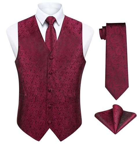 Enlision Herren Weste Rot Paisley Floral Jacquard Weste mit Krawatte und Einstecktuch Taschentuch Weste Anzug Set Hochzeit,L von Enlision