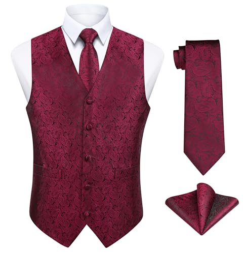 Enlision Herren Weste Rot Paisley Floral Jacquard Weste mit Krawatte und Einstecktuch Taschentuch Weste Anzug Set Hochzeit,S von Enlision