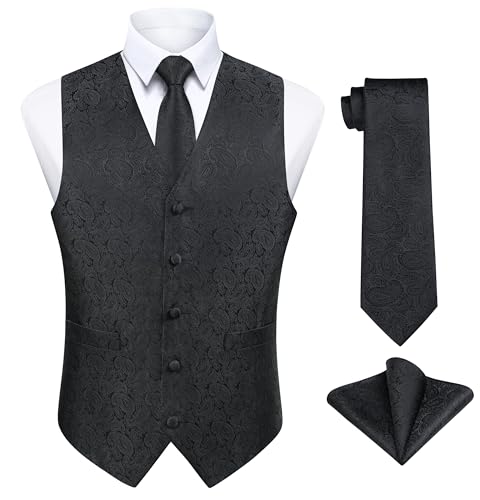 Enlision Herren Weste Schwarz Paisley Floral Jacquard Weste mit Krawatte und Einstecktuch Taschentuch Weste Anzug Set Hochzeit,L von Enlision