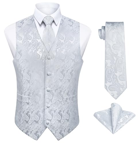 Enlision Herren Weste Weiss Paisley Floral Jacquard Weste mit Krawatte und Einstecktuch Taschentuch Weste Anzug Set Hochzeit,XL von Enlision