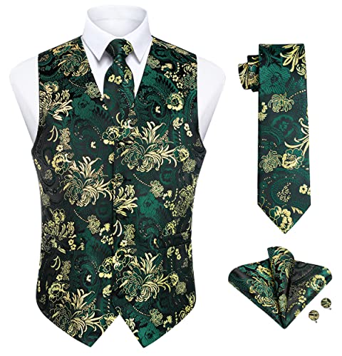 Enlision Anzugweste Herren Grün Weste Paisley mit Krawatte Einstecktuch Manschettenknöpfe Anzugwesten Hochzeit Elegant Männer Floral Anzug Weste mit Taschen 3XL von Enlision