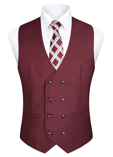 Enlision Herren Zweireiher Weste mit V-Ausschnitt Slim Fit Anzug Weste Casual Formal Business Dress Vest Burgunderrot von Enlision