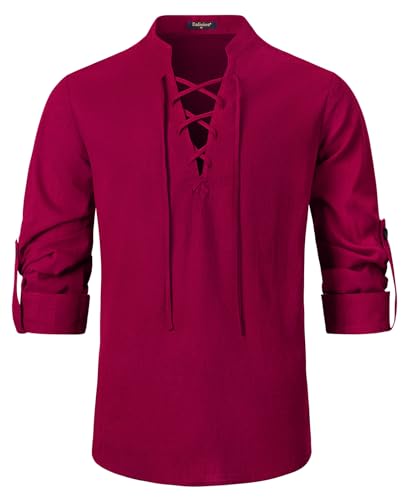 Enlision Herrenhemd mit Langen Ärmeln Laca Up V Ausschnitt mittelalterliche Kleidung Herren Baumwolle klassisch schottischer Jakobit Ghillie Kilt Leinenhemden Burgunderrot XL von Enlision