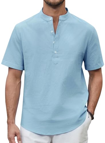 Enlision Himmel Blau Leinenhemd Herren Hemd Kurzarm Sommerhemd Freizeithemd Strandhemd Ohne Kragen Hemd Herren Henley Shirt Regular Fit M von Enlision