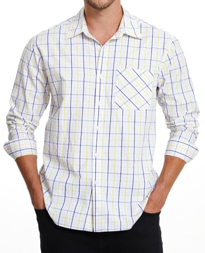 Enlision Kariertes Hemd Herren Langarm Weiß Freizeithemd Kariert Hemden Baumwolle Herrenhemd Langarmhemd Bügelfrei Holzfällerhemd für Männer 4XL von Enlision