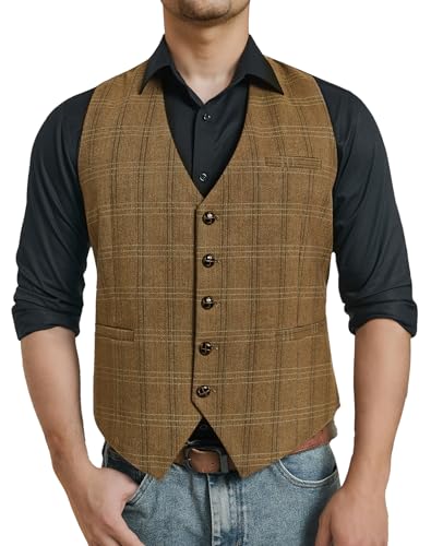 Enlision Herren Anzugweste Elegant Classic Tweed Formale Plaid Hochzeit Kariert Khaki AnzugWeste für Manner Regular Fit XL von Enlision