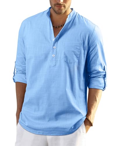 Enlision Kobaltblau Leinenhemd Herren Hemd Langarm Sommerhemd Herren Regular Fit Freizeithemd mit Brusttasche Henley Shirt XL von Enlision