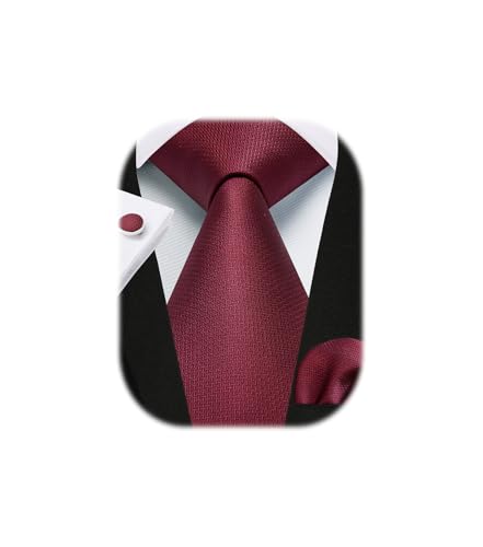 Enlision Krawatte Burgund Herren Hochzeit Einfarbige Krawatten mit Einstecktuch und Manschettenknöpfe Set Seide Dunkelrote Schlips Herren Elegant von Enlision