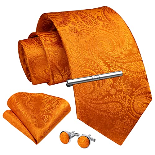 Enlision Herren Krawatte und Taschentuch Herrenkrawatten Krawattenklammer mit Manschettenknöpfe Krawatten Einstecktuch Set Orange von Enlision