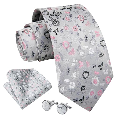 Enlision Krawatten für Herren und Einstecktuch Grau Krawatte Taschentuch Manschettenknöpfe Set Männer Blumen Seide Hochzeitkrawatte von Enlision